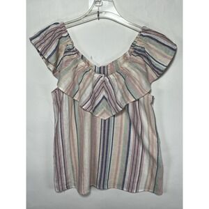 Ava James Off Shoulder‎ Ruffle Top Womens Large Pastel Striped Linen Blend Girly